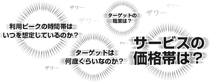 サービスの価格帯は？ターゲットの職業は？ターゲットは何歳くらいなのか？利用ピークの時間帯はいつを想定しているのか？