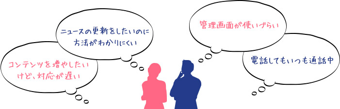 コンテンツを増やしたいけど、対応が遅い ニュースの更新をしたいのに方法がわかりにくい 管理画面が使いづらい 電話してもいつも通話中